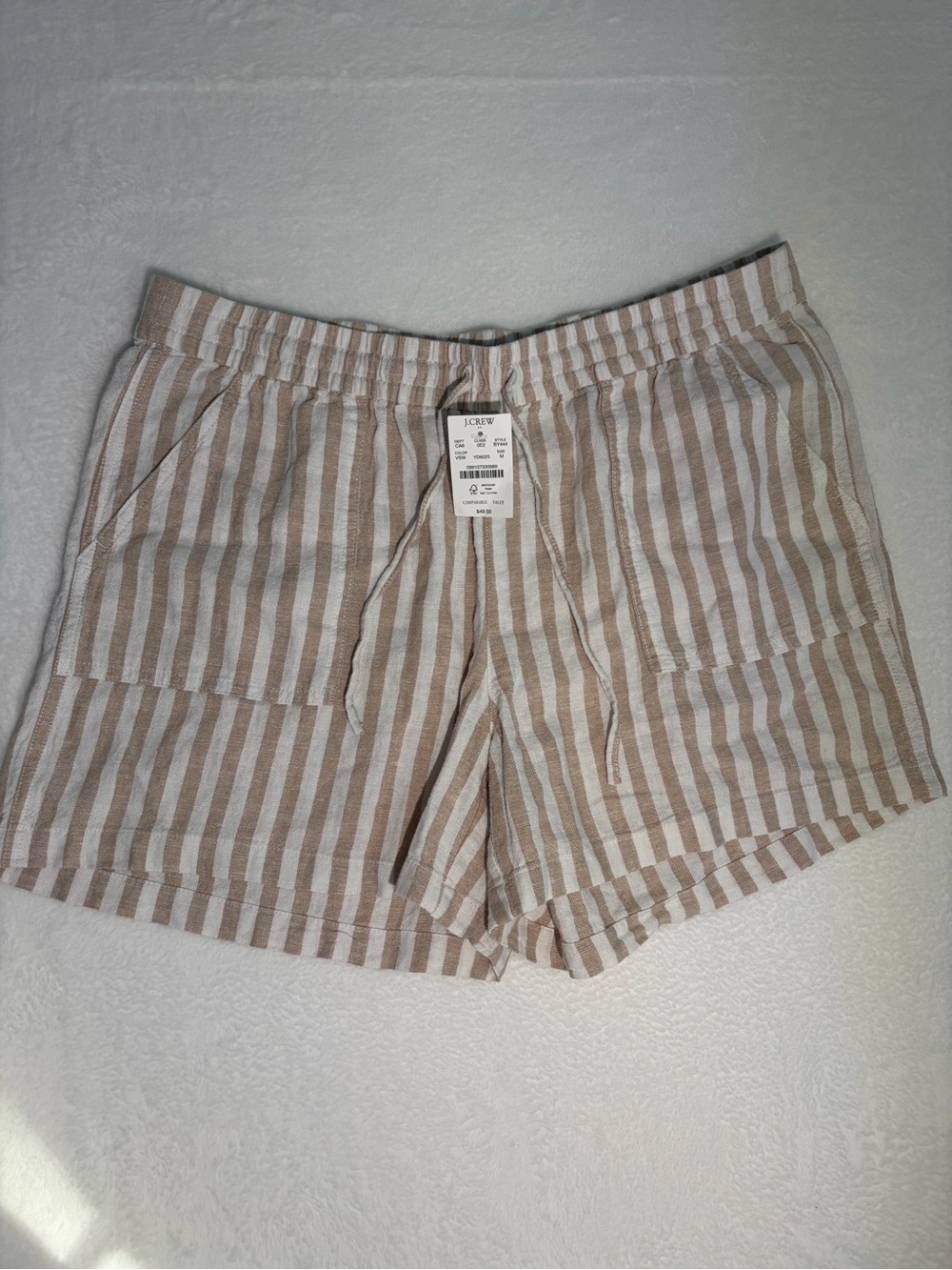 J. Crew Factory Beige and White Striped Linen-Blend Shorts